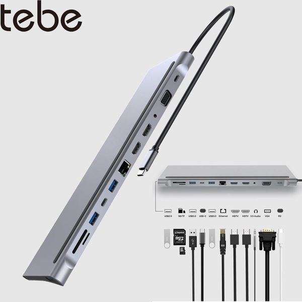 Stations Tebe MST USB C HUB TYPEC TO DUAL HDMICOMPATIBLE VGA Multi USB LAN Ethernet 3,5 mm PD Charger SD TF Adaptateur pour MacBook Air