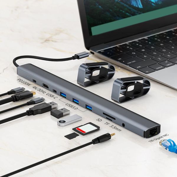 Estaciones USB C Estación de acoplamiento 10in1 RJ45 Gigabit Ethernet 3.5 mm Aux HDMiCompatible 4K 3 USB 3.0 Hub para MacBook / Huawei STAN para portátiles