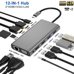 Stations USB C tot 2 HDMI 4K VGA Ethernet 100W PD 4USB Audio voor MacBook Pro OTG USB C Hub Triple Display Dual Monitor Adapter Laptop Hub