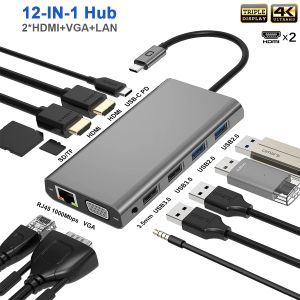 Stations USB C à 2 HDMI 4K VGA Ethernet 100W PD 4USB Audio pour MacBook Pro OTG USB C HUB TRIPLE Affichage Dual Monitor Adapter Adapter Computer Hub