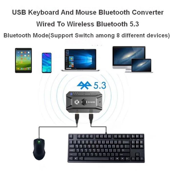 Stations Clavier et souris USB Adaptateur Bluetooth 5.3 Adaptateur Hub USB Bluetooth Clavier filaire USB Souris vers convertisseur Bluetooth sans fil