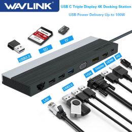 Stations WAVLink USB C Triple Display Docking Station 4K USB Power Levers tot 100W USB3.0 DP/HDMICompatible/VGA voor Windows/Mac OS