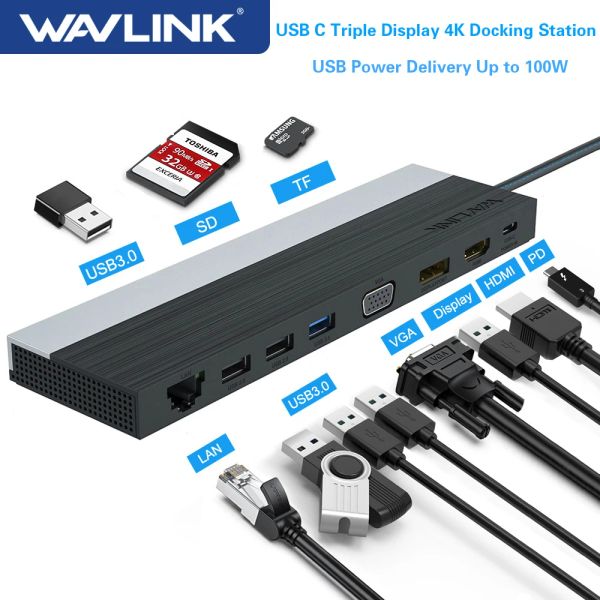Stations Wavlink USB C Triple Display Dostark Station 4K USB Power Livraison jusqu'à 100W USB3.0 DP / HDMICOMPATIBLE / VGA pour Windows / Mac OS