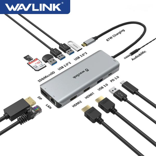 Estaciones Wavlink Estación de acoplamiento USBC Pantalla triple USB C HUB 4K 60Hz Tipo C a HDMI DP RJ45 USB3.0 Adaptador para portátiles Windows Mac OS de Windows Mac