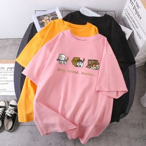 Blijf thuis meow dames t -shirts oneck mode oversized t -shirts zwarte vintage cosplay tops tees los fit camiseta vrouw 220615