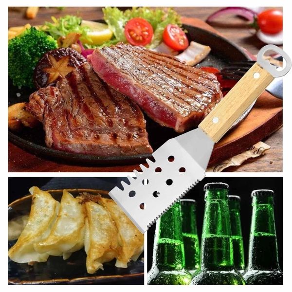 Spatule à pizza à steak avec manche en bois Ouvre-bière Grill Ustensile de cuisine Grattoir à barbecue en acier inoxydable pour outil de cuisine à crêpes LX4992