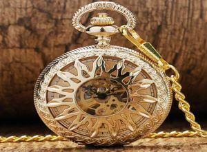 Steampunk antique Black Gold Bronze Pocket Watch Skeleton Handwinding Mechanical Watches Mens Womens Clock Fob Pendant Chain Gift2707228