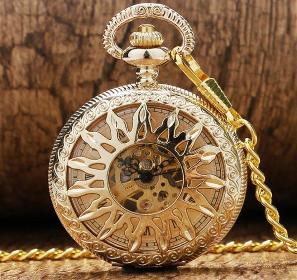 Steampunk antique Black Gold Bronze Pocket Watch Skeleton Handwinding Mechanical Watches Mens Womens Clock Fob Pendant Chain Gift9212361