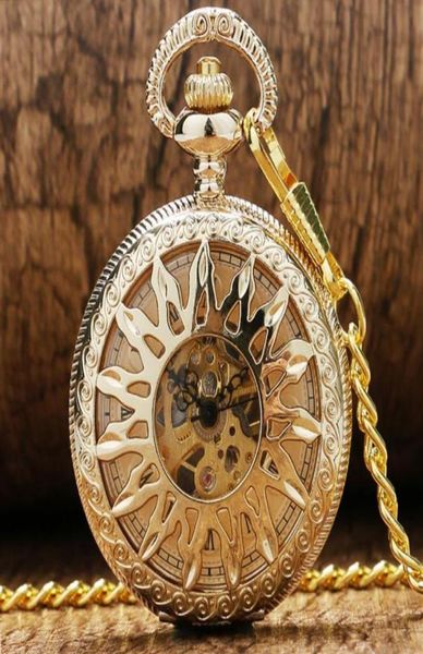 Steampunk antique Black Gold Bronze Pocket Watch Skeleton Handwinding Mechanical Watches Mens Womens Clock Fob Pendant Chain Gift4467916