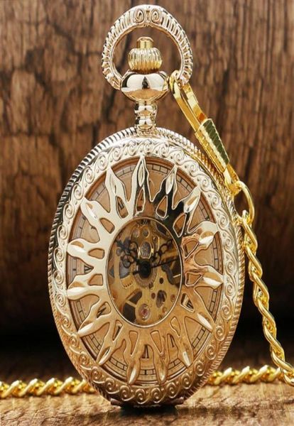 Steampunk antique Black Gold Bronze Pocket Watch Skeleton Handwinding Mechanical Watches Mens Womens Clock Fob Pendant Chain Gift5064486