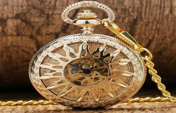 Steampunk antique Black Gold Bronze Pocket Watch Skeleton Handwinding Mechanical Watches Mens Womens Clock Fob Pendant Chain Gift9295276