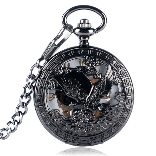 Steampunk Bronce Relojes Negro Águila hueca Cuerda manual Reloj de bolsillo mecánico Hombres Mujeres Esqueleto Árabe Número Dial Reloj Cadena colgante