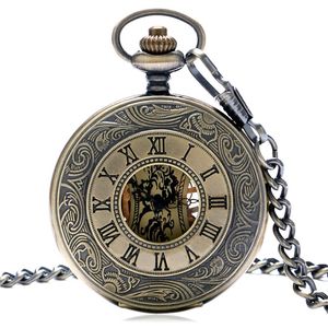Steampunk Bronce Cobre Reloj de bolsillo mecánico Cadena de esqueleto Números romanos Relojes colgantes vintage con cadena de 30 cm Regalos P839C T200502