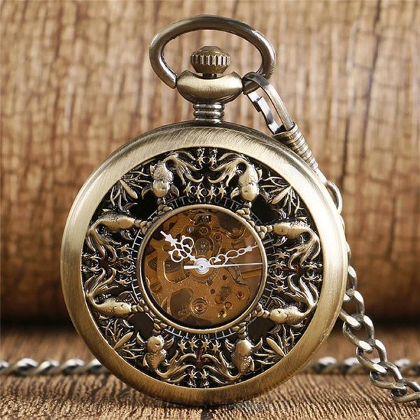 Steampunk Bronze évider mignon petit poisson rouge couverture remontage mécanique montre de poche FOB squelette horloge pendentif chaîne pour hommes Wo256d