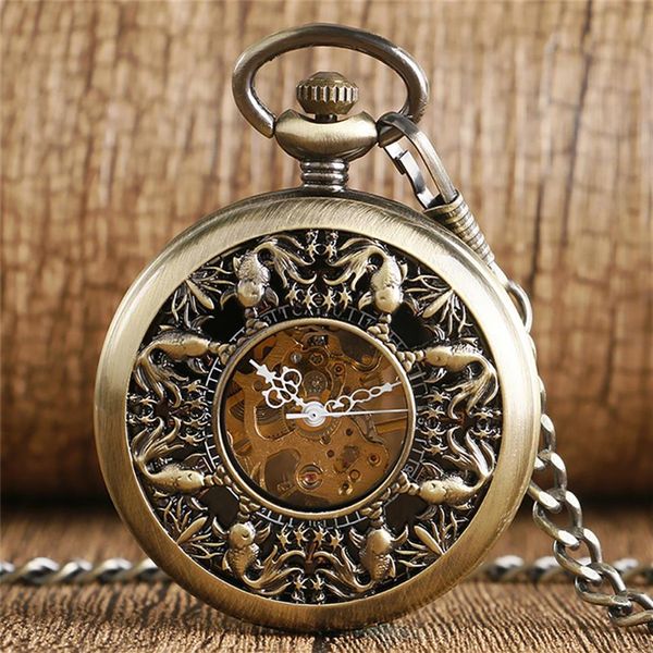 Steampunk Bronze évider mignon petit poisson rouge couverture Handwind mécanique montre de poche FOB squelette horloge pendentif chaîne aux hommes Wo282H