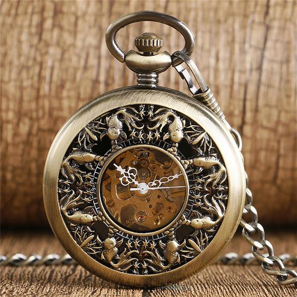 Steampunk Bronze évider mignon petit poisson rouge couverture Handwind mécanique montre de poche FOB squelette horloge pendentif chaîne aux hommes Wo260w