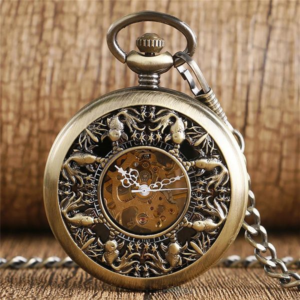 Steampunk Bronze Hollow Out mignon Petit poisson rouge Cover Handwind Pocket Watch FOB Squelette Clock Pendante Chaîne aux hommes WO2792