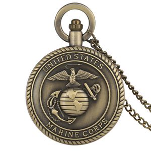 Steampunk Bronzen Verenigde Staten Marine Corps Design Pocket Horloges Quartz Analoge Display Militaire Horloge Ketting Ketting