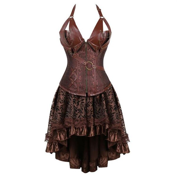 Vestido corsé steampunk bustier de talla grande negro marrón cremallera corsé de piel sintética negro con falda gótico punk burlesque pirate254J