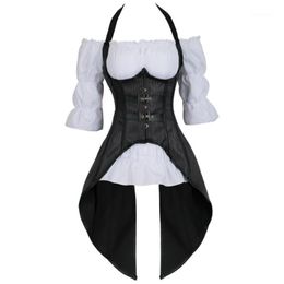 Steampunk Corset Gestreepte lange bandjes Bustier Vest Top met witte gotische blouse plus size burlesque kostuum Twee stukken Korsett1