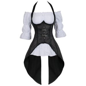 Steampunk Corset Gestreepte lange bandjes Bustier Vest Top met witte gotische blouse plus size burlesque kostuum Twee stukken Korsett