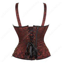 Steampunk corset femmes plus taille pirate brun corset jacquard dentelle en lacet avant avec sangles.