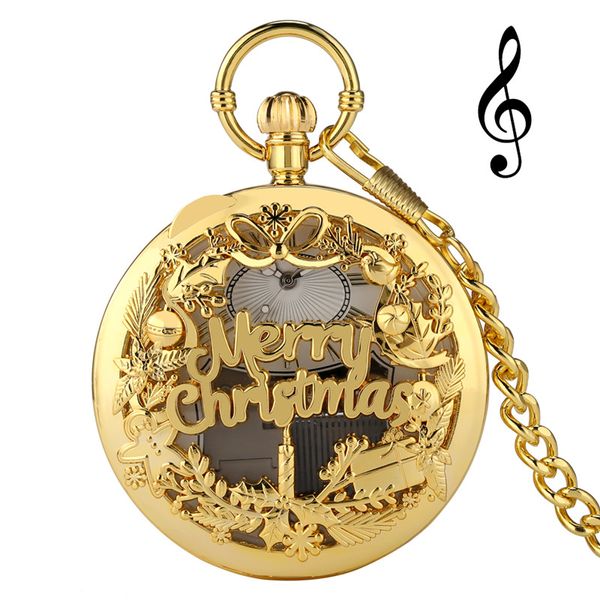 Steampunk Creative Design Joyeux Noël Musique Montre De Poche Or Rose / Or Jaune Boîtier Quartz Analogique Montres Pendentif Chaîne Cadeau De Noël