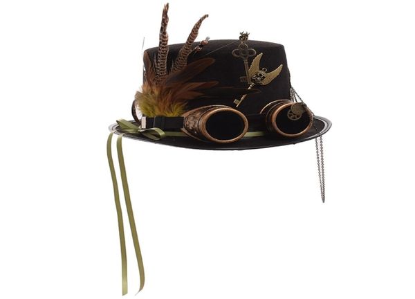 Sombrero estilo Steampunk para hombre y mujer, gafas con engranajes de plumas, ropa para la cabeza, sombreros de fieltro negros góticos de Lolita, sombreros de copa 2202173277424