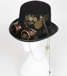 Chapeau Steampunk avec lunettes Vintage hommes noir haut gothique Halloween femmes Fedora chaînes élégant coiffe de tête Costume fête 2204028739483