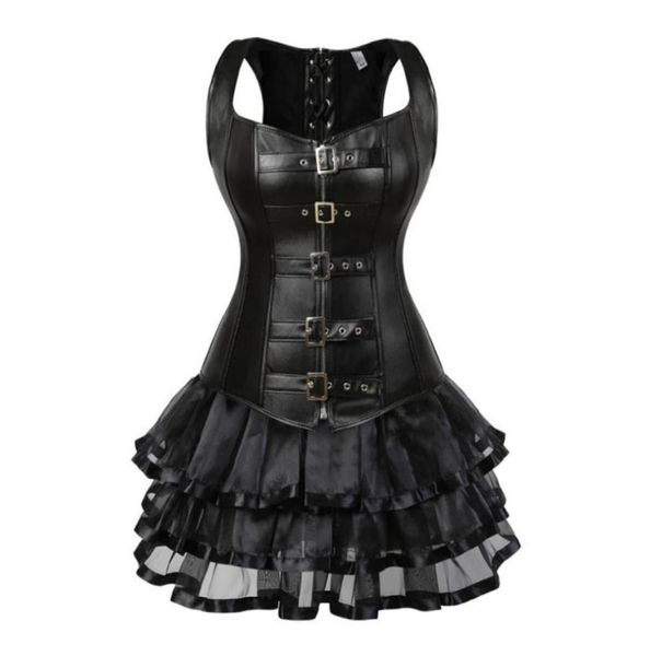 Steampunk lacet vers le haut de la taille arrière du corps shaper buckle buckle bustier exagéré robe corset fausse corsets en cuir mini jupe tutu plus 226541831