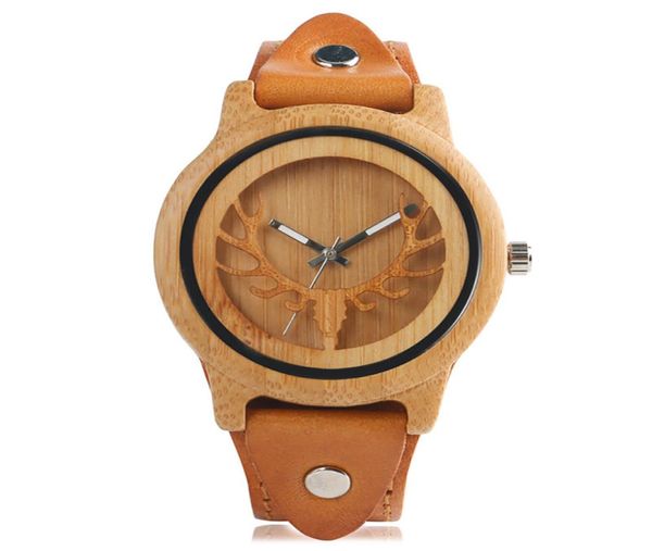 Steampunk Natural Wood Watches Elk Calan Men039s Bamboo Wrist Watch Quartz Bracelet en cuir marron noir Gift8148052