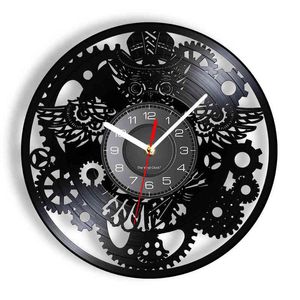 Reloj de vinilo de búho Steampunk, reloj de pared de búho victoriano Industrial, engranajes, decoración de pared Retro, álbum de vinilo de abuelo gótico, regalo H1230