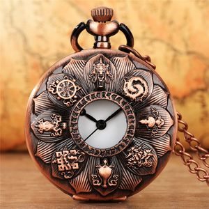 Steampunk montres rouge cuivre fleur couverture hommes femmes Quartz analogique montre de poche avec collier chaîne affichage du numéro arabe