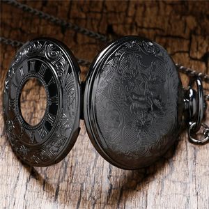 Steampunk rétro noir complet unisexe montre de poche à quartz numéro romain boîtier hommes femmes affichage analogique montres horloge pendentif chaîne Gif261D