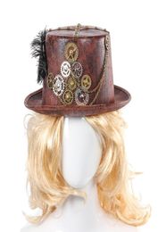 STEAMPUNK Retro Chapeaux Carnaval Cosplay Bowler Gear Gear Feather Decor Party Caps Halloween Brown Round Top Hats for Men Women T2007316625