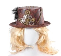 STEAMPUNK Retro Chapeaux Carnaval Cosplay Bowler Gear Gear Feather Decor Party Caps Halloween Brown Round Top Hats for Men Women T2008451315