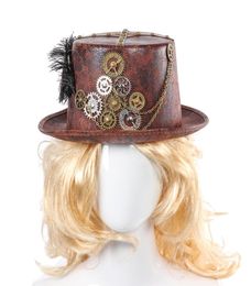 STEAMPUNK RETRO HATS CARNIVAL COSPlay Bowler Gear Gear Feather Decor Party Caps Halloween Brown Round Top Hats for Men Women T2008117259