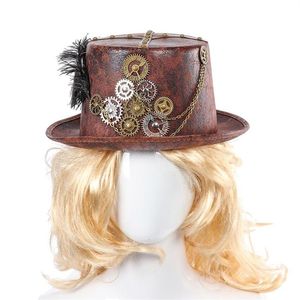 Steampunk Retro Hoeden Carnaval Cosplay Bowler Gear Chain Feather Decor Party Caps Halloween Bruine Ronde Top Hoeden Voor Mannen Vrouwen T2002371