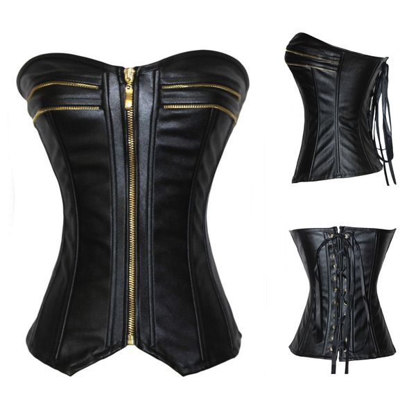 Steampunk – Corset Sexy en Faux cuir noir, avec boucle, col licou, haut à la taille, Costume Burlesque, Push Up