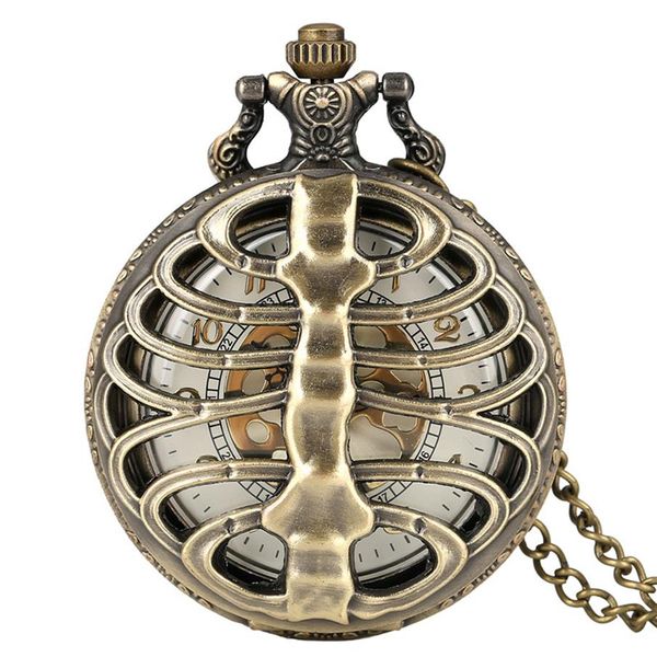 Steampunk Skeleton Spine Ribs Hollow Out Reloj de bolsillo de cuarzo Cool Vintage COLLAR COLGANTE Reloj Cadena Hombres Mujeres Gifts2711