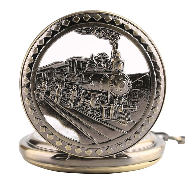 Steampunk tren locomotora motor patrón relojes ahueca hacia fuera el diseño de la cubierta Unisex reloj de bolsillo de cuarzo collar colgante cadena regalos reloj