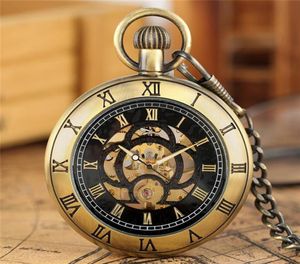 Steampunk vintage plateado negro bronce color reloj de bolsillo de bolsillo de número romano Relojes mecánicos de viento para hombres Mujeres con Pendat 6694010