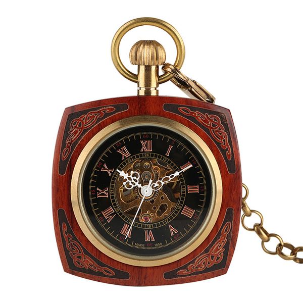Steampunk Vintage carré en bois véritable automatique mécanique montre de poche hommes femmes squelette cadran montres pendentif chaîne horloge