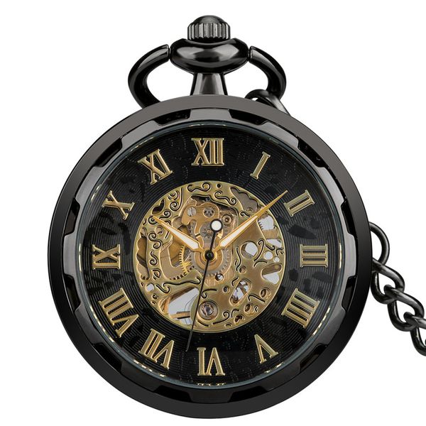 Montre Steampunk noir/argent/Bronze visage ouvert hommes remontage manuel mécanique montres de poche numéro romain affichage pendentif chaîne