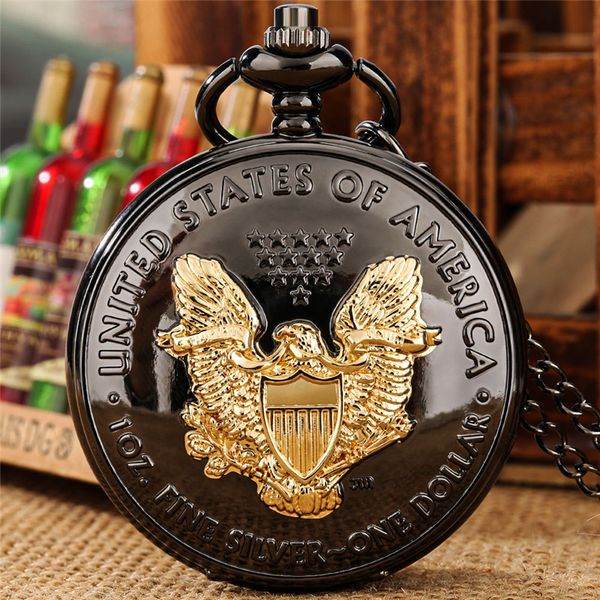 Relojes Steampunk Estados Unidos Patrón de águila Hombres Mujeres Reloj de bolsillo analógico de cuarzo Número romano COLLAR COLGANTE Reloj de cadena