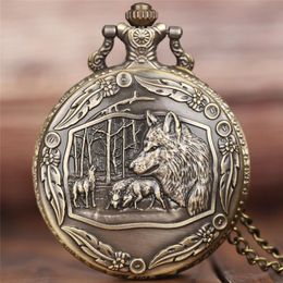 Steampunk Wild Wolf Retro Bronze Quartz Pocket Watch Men Women Fashion Awesome Animal Clock with Necklace Chain Gift300B