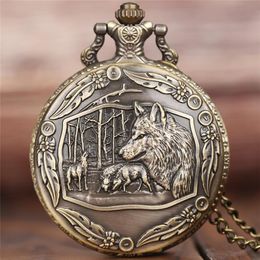 Steampunk Wild Wolf Retro Bronze Quartz Pocket Watch Men Women Fashion Awesome Animal Clock with Necklace Chain Gift236J