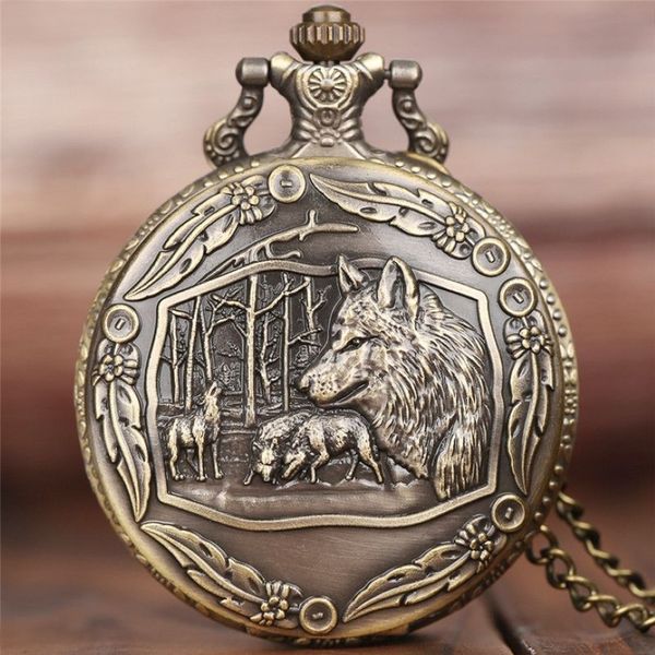 Steampunk loup sauvage rétro Bronze Quartz montre de poche hommes femmes mode génial Animal horloge avec collier chaîne cadeau 2163