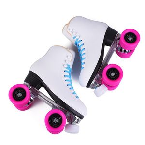 Stalen beugel dubbele lijn skate, unisex quad roller skate, kwaliteit witte koeienhuid, sportpatines laarzen, pro skating spullen