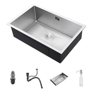 Steel Kitchen Sink Single Bowl Basin Undermount Handmade Brushed Narrow Edge Bar Sink With Drain Accessories